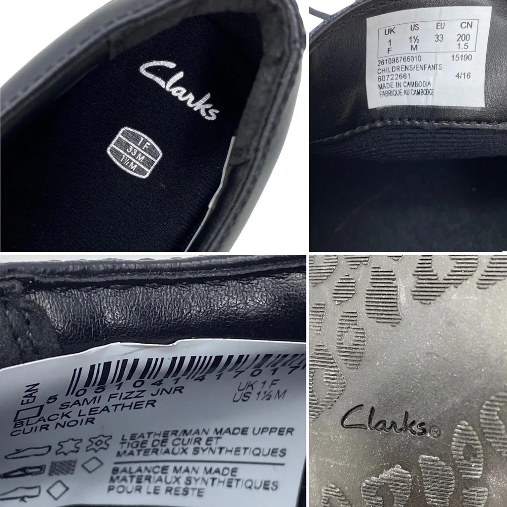 Clarks Shoes Wingtip Sami Fizz Junior Girls Black Leather Dress Size 1.5 New